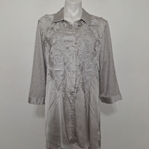 Chicos Silver Gray Preppy Collared Textured Button Down Tunic Top Size XL